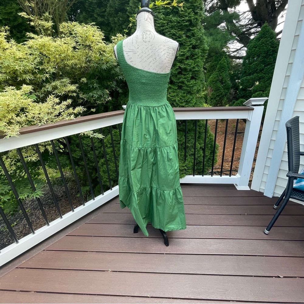 Opt green one shoulder midi cotton summer dress Sz L - Picture 10 of 12